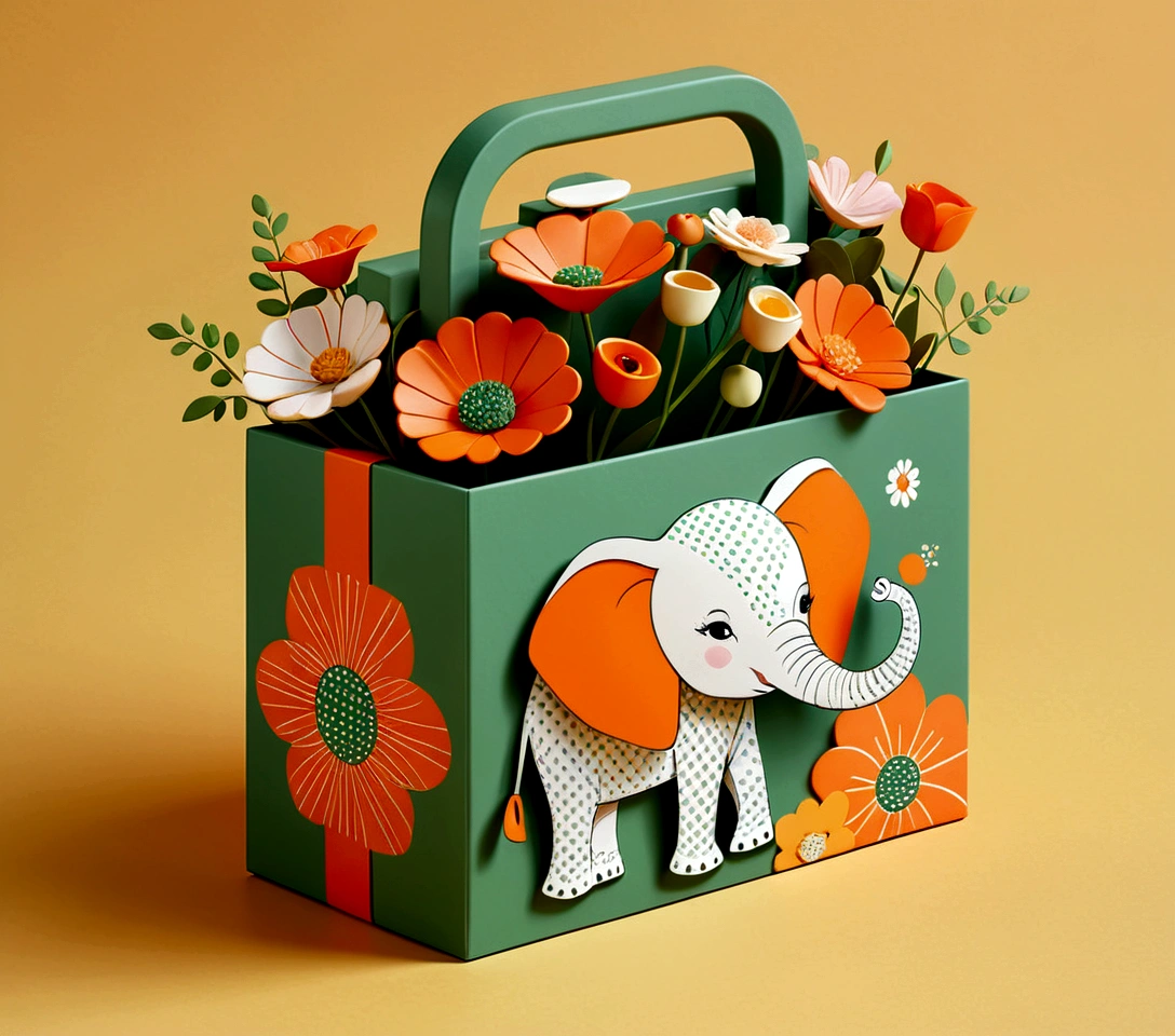 Beautifully designed flat rectangular box with handle, with carrying handle, English squares, flourishing flowers, printing a cute little elephant, geometric lines, minimalist, modern, high end, cute, color blocking, floral motifs, orange and green, illustration, cartoon, geometric style, beautifully detailed, flat color vector design style,...