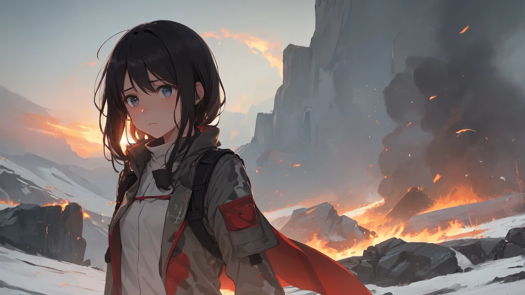 masterpiece:1.2), best quality , 独奏 ,pixiv, anime girl ，long straight white hair , black eyes ,Wearing off-white camouflage uniform ,ten years old，modern battlefield，(Eyes looking into the distance:1.3)，(look away:1.5)，snowy weather，dirty face，The background is a sea of fire with blood on the forehead，dirty face，Backlight，Bare rocky peaks ,Fierce flames are burning，The expression is sad，leave tears，When the war situation seems to be developing for the better,，A girl wakes up from her deep sleep，She doesn&#39;t understand her own life、Not sure about the power in the body，As pure as white paper。At the same time, another soul is sleeping inside the girl&#39;s body.，it was an accident，It is also one of the waves that changes the world。