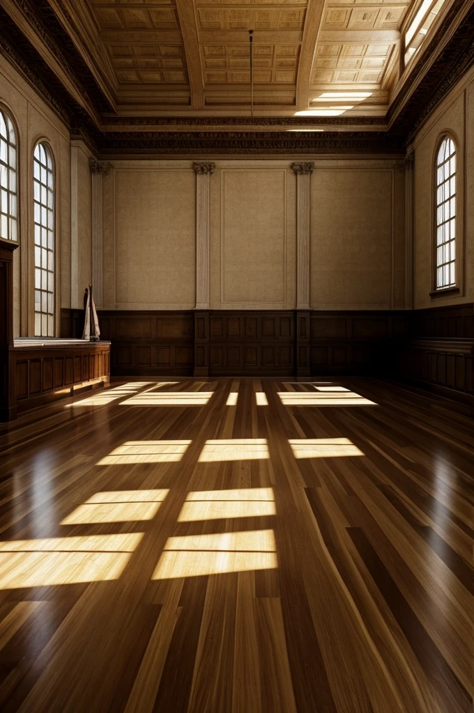 a large empty courtroom, high ceilings, wooden benches, sunlight streaming through windows, polished marble floors, abandoned, eerie atmosphere, realistic, photorealistic, extremely detailed, cinematic lighting, moody, dramatic, detailed textures, high quality, masterpiece