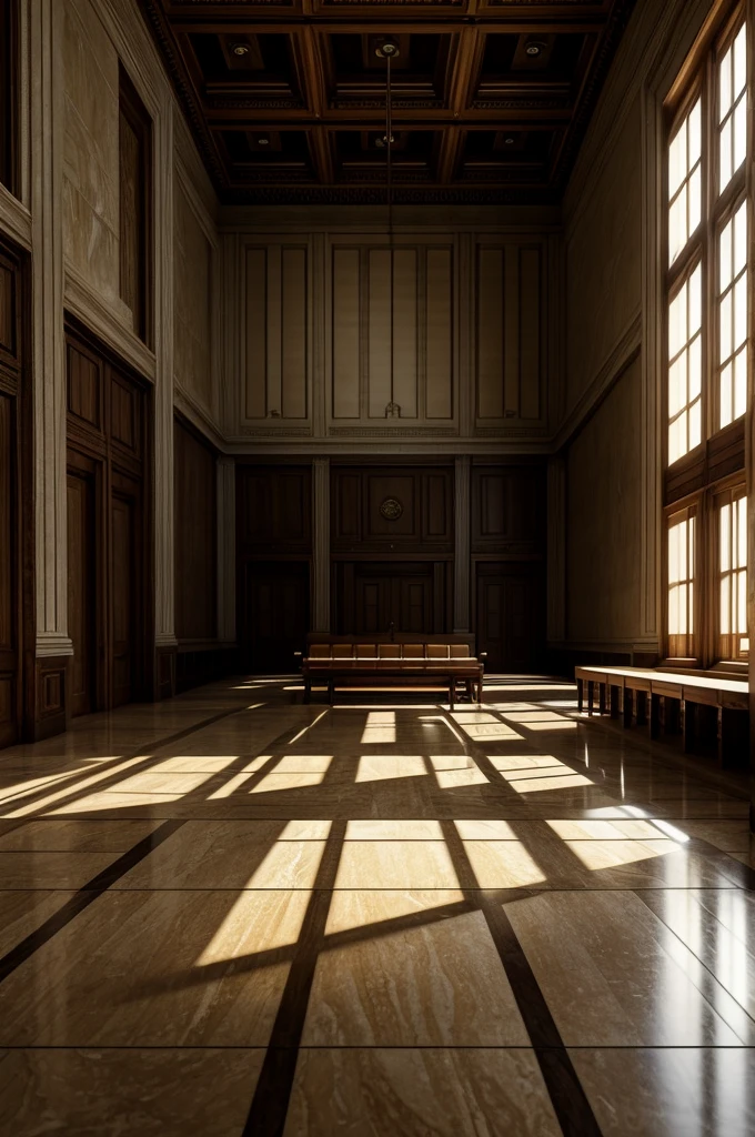 a large empty courtroom, high ceilings, wooden benches, sunlight streaming through windows, polished marble floors, abandoned, eerie atmosphere, realistic, photorealistic, extremely detailed, cinematic lighting, moody, dramatic, detailed textures, high quality, masterpiece