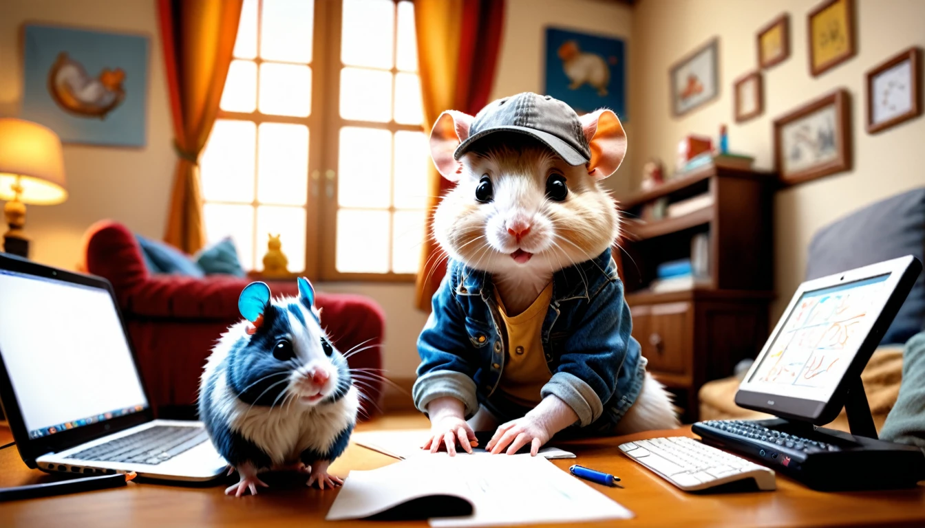 (photo film style), anthropomorphic, cute  hamster, casual clothes, living room at home, (((studying))), 2D, colorful, warm atmosphere, glossy, Jean-Baptiste Monge style, Alan Lee style