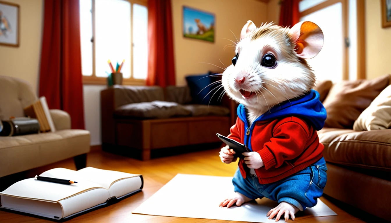 (photo film style), anthropomorphic, cute baby hamster, casual clothes, living room at home, (((studying))), 2D, colorful, warm atmosphere, glossy, Jean-Baptiste Monge style, Alan Lee style