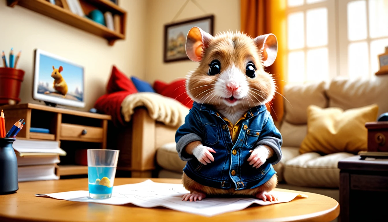 (photo film style), anthropomorphic, cute baby hamster, casual clothes, living room at home, (((studying))), 2D, colorful, warm atmosphere, glossy, Jean-Baptiste Monge style, Alan Lee style