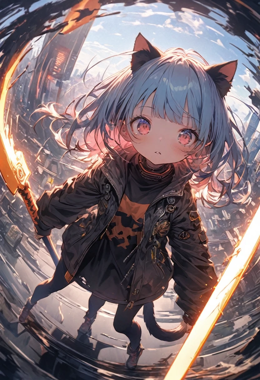 Detailed silhouette of a cyberpunk girl with cat ears and a tail, Flowing, Tattered coat, He has a giant great sword with a mechanical cat design on it., Stand on the glossy, Minimalist Reflective Surface, Soft Blue Background, Fisheye Lens:1.2, depth, Dynamic Angle