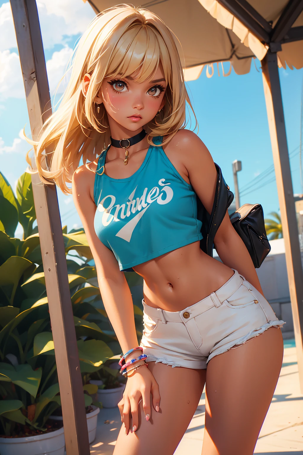 pretty woman with pigtails, blonde hair, crop top, plaid skirt, lifted skirt, white panties, stockings, on a beach