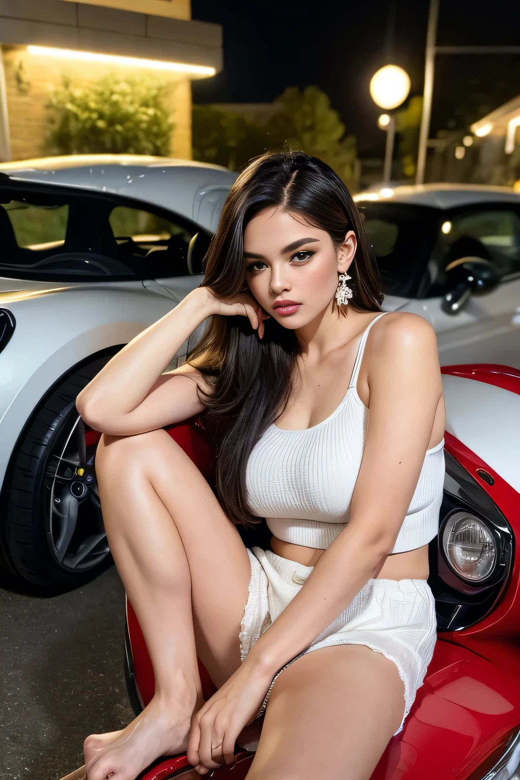 Top quality, masterpiece, ultra high definition, (Real: 1.4), Original photo, (Evening Street), 1 girl, huge breast, black eyes, looking at the audience, long hair, light makeup, lips, small ears, mini bra transparant, mini skirt shorts, show white panty, earrings, sitting on red car Ferrari,, slim, neat, park