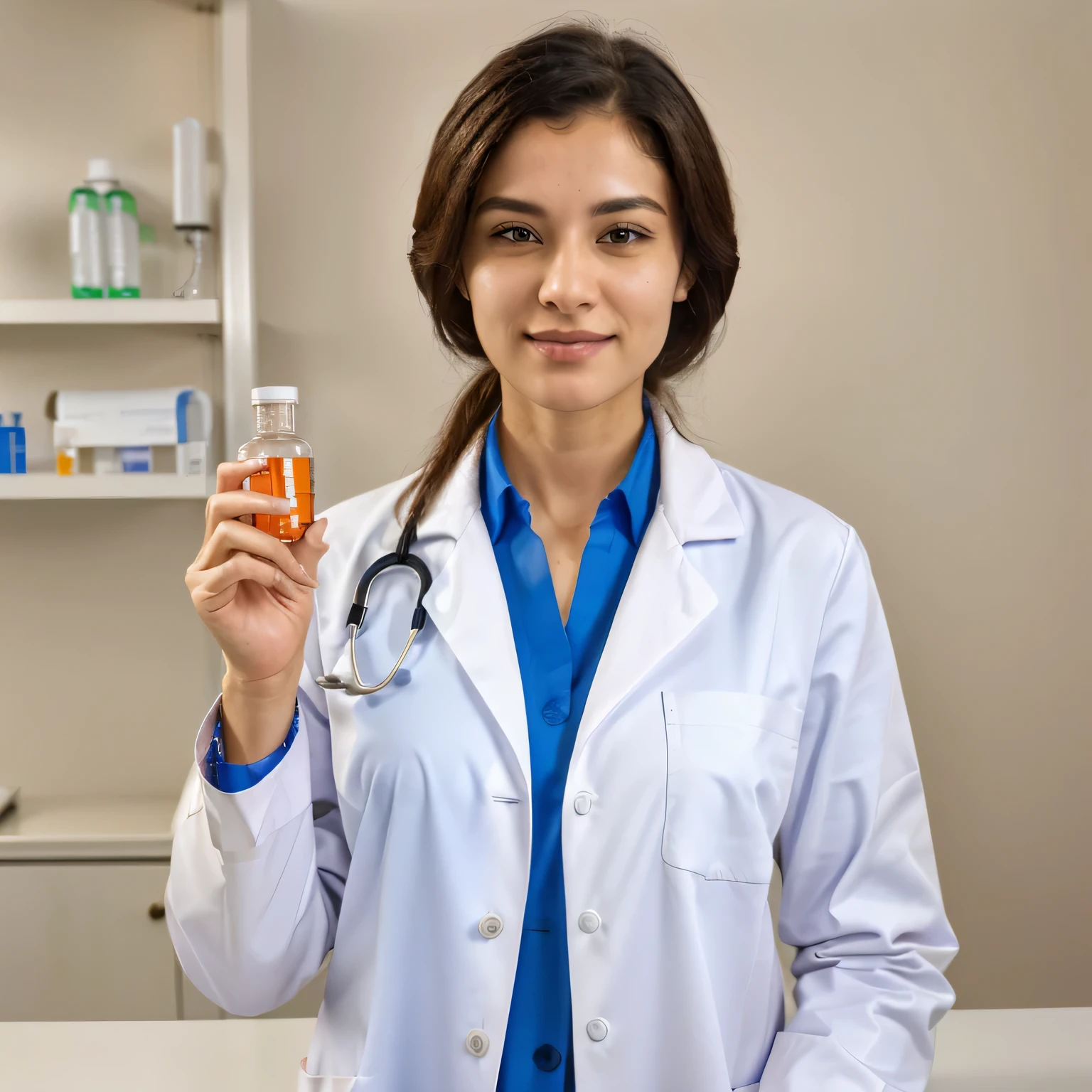 arafed woman in a lab coat holding a bottle of medicine, medical doctor, doctor, quack medicine, wearing lab coat and a blouse, wearing lab coat, healthcare worker, wearing a white lab coat, wearing a labcoat, portrait of a female pathologist, photo - shot, with a lab coat, medicine, wearing a lab coat, (doctor)
