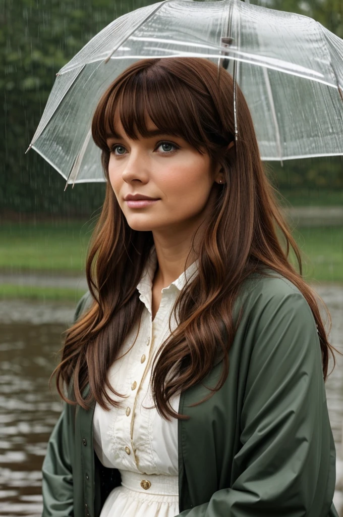 Woman from the year 1890 with caramel hair and bangs on a rainy day