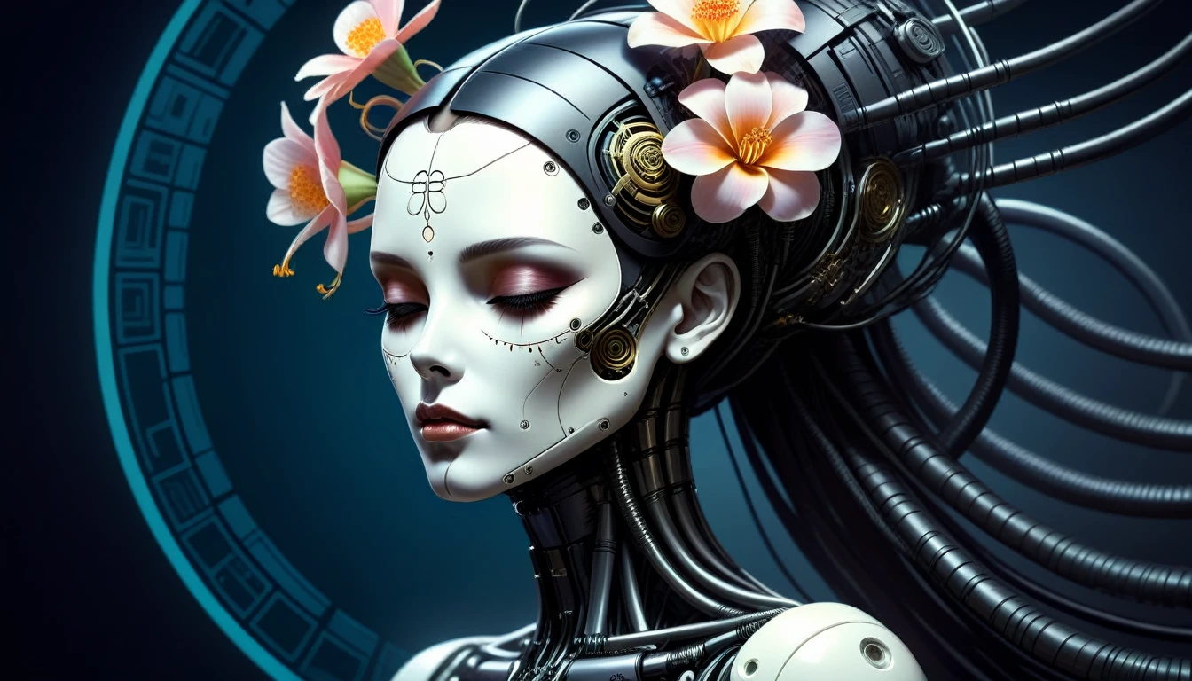 CyberpunkWorld ultra detailed portrait of a female android, eyes closed, 8 k, sci - fi, flowerpunk, fantasy, moody, calm, ( dia de los muertos ), asymmetrical, intricate concept art, art by artgerm and giger and michael welan and alphonse mucha and loish and wlop, cyberpunk, sci-fi, tech, 24mm, (analog, cinematic, film grain:1.3), Bokeh DOF, (Masterpiece:1.3) (best quality:1.2) (high quality:1.1)