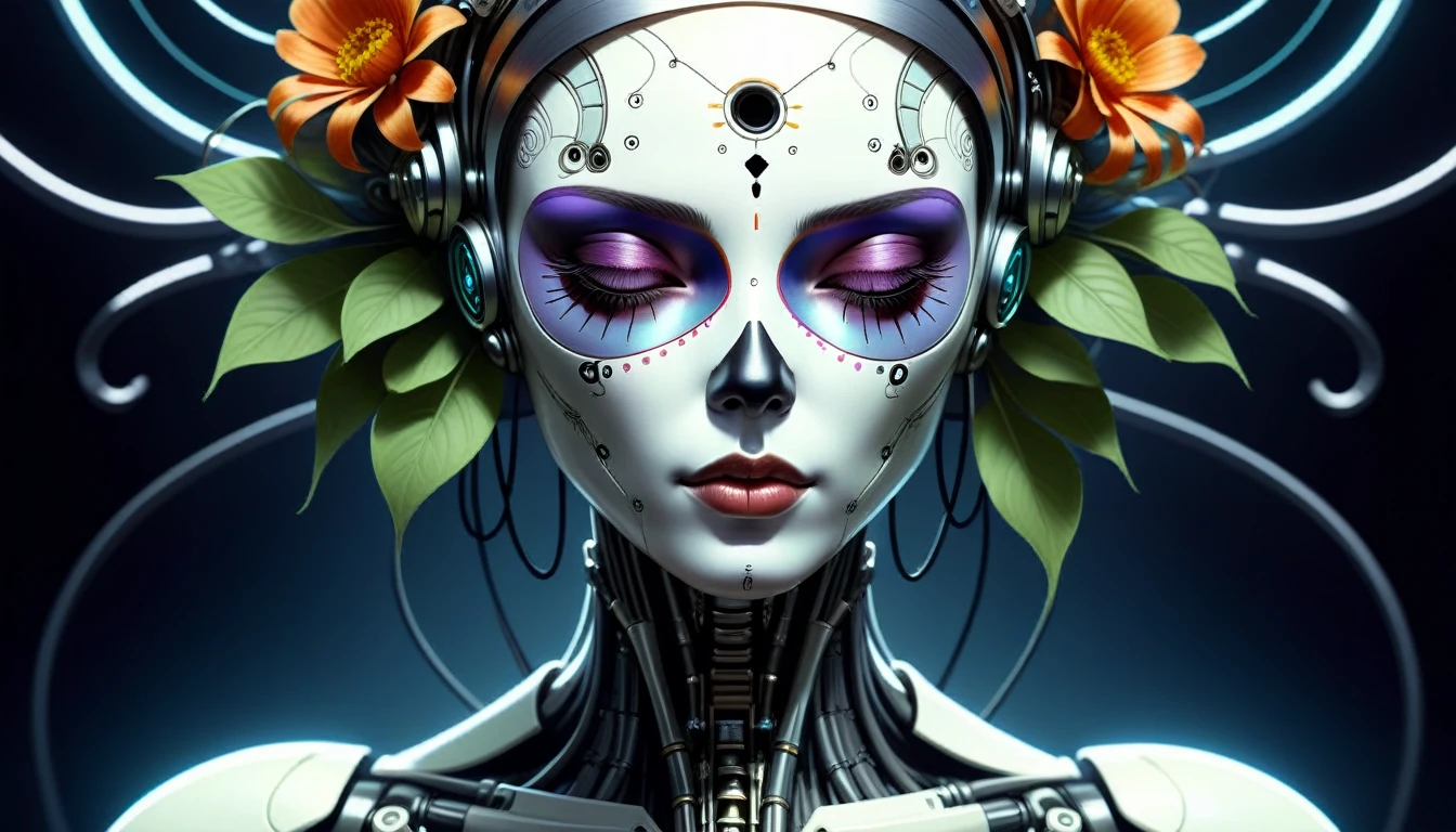 CyberpunkWorld ultra detailed portrait of a female android, eyes closed, 8 k, sci - fi, flowerpunk, fantasy, moody, calm, ( dia de los muertos ), asymmetrical, intricate concept art, art by artgerm and giger and michael welan and alphonse mucha and loish and wlop, cyberpunk, sci-fi, tech, 24mm, (analog, cinematic, film grain:1.3), Bokeh DOF, (Masterpiece:1.3) (best quality:1.2) (high quality:1.1)