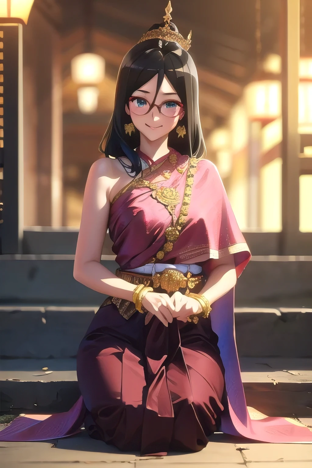 คุณภาพดีatสุด, Masterpiece, high res, alone, {Thanaka_Asuka_euphonium sound:1.15}   black_hair, long_hair, glasses, light blue_eyes, Blush, red frame_glasses, Seraph, beyond the edge_glasses, semi borderless_glasses, hair_between_eyes, 1 girl,  look_at_viewer, smile,  ((Thai princess:1.3)),(Gorgeous thai costumes with รายละเอียดatซับซ้อน,ชุดatงดงาม,เครื่องประดับทองคำatงดงาม, รายละเอียดatซับซ้อน,luxury jewelry accessories,ขอบatงดงาม, รายละเอียดatซับซ้อน,Various gems:1.2),((Thai Buddhist Temple))