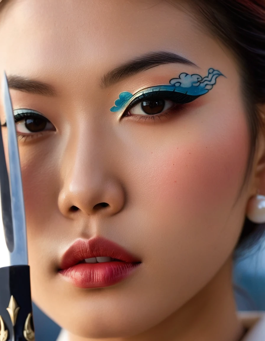 Exquisite art capturing the reflections of serene clouds, Appears to be stopped, The mirror-like blade of a Japanese sword, With close-up photos、Unique, Ultra-sharp focus on this breathtaking scene, 35awards Grand Prix Candidate, The background recedes with an elegant bokeh effect, Displaying exquisite depictions of Japanese tattooed women, Her artistically colored skin; completion