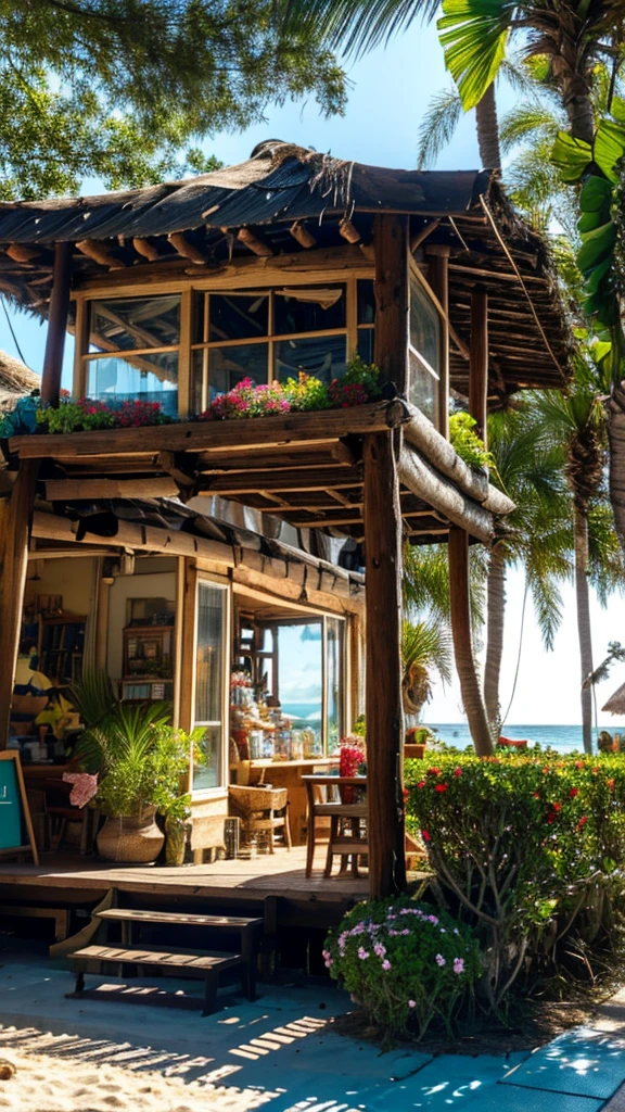 a souvenir shop by the sea, coastal scenery, detailed 3D rendering, realistic, photorealistic, hyperrealistic, best quality, 8k, highres, masterpiece, ultra-detailed, vivid colors, studio lighting, dramatic lighting, golden hour, peaceful ocean, white sandy beach, palm trees, tropical plants, intricate details, wooden architecture, rustic decor, glass display cases, handcrafted souvenirs, tourists browsing, natural sunlight, warm tones, tranquil atmosphere