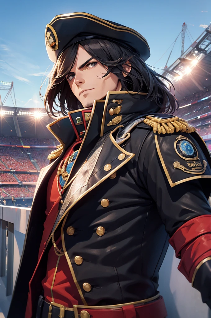 Capitan Harlock in a UEFA stadium, He points upwards the sun in the skyline
