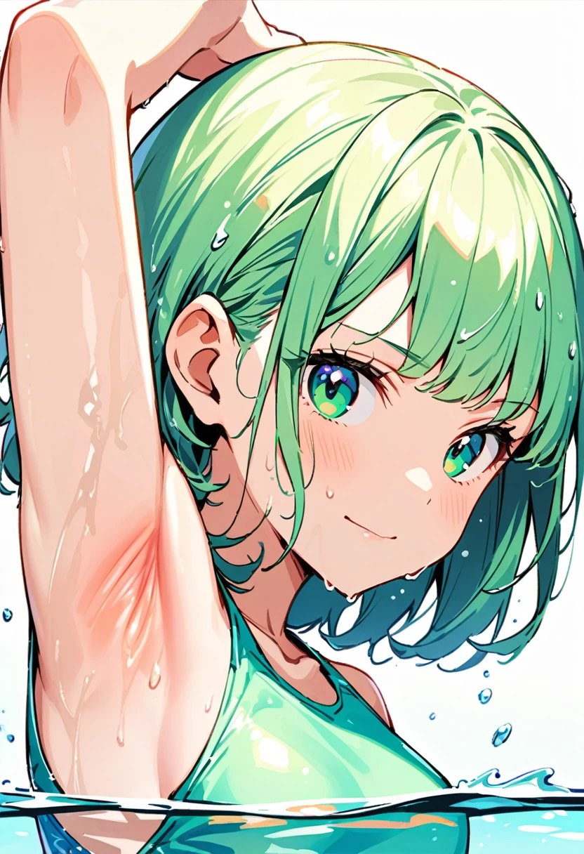 Highest quality、High resolution、Detailed Background、(Beautiful face in every detail:1.4)、Anatomically correct、(Detailed facial expressions)、(fine grain:1.2)、Teenage Beauty、Cute hair color、Braided bob cut、One girl, ((Primary school students)), Junior competitive swimmer, ((Turtleneck one piece swimsuit)), Simple design without patterns, Clear metallic green swimsuit, Small breasts、Perfect body line、 Portrait, ((Close-up of the mouth)), View your viewers, Outdoor swimming pool, From the side, Partially submerged, Wet Skin, A quiet smile with closed mouth, (armpit), Hands do not hold anything