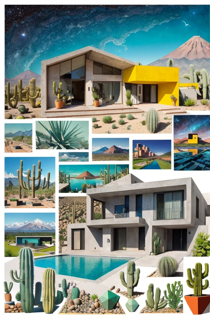 An illustration, collage style, David Hockney visual style, (((Luis Barragán's architectural style houses in middle of a lake))), big boulders, little cascade, mountains, volcanos, volcanic landscape, pool, stairs, beautiful gardens, abundant vegetation, cacti, agave, big clouds, sunset. Magazine cover, serif tipography, editorial design, masterpiece, An illustration in collage style, con rocas gigantes, Brutalist construction sections, escaleras, cactus, agave, textura de concreto, Multiple geometric shapes, hatch and cross hatching, planeta Saturno. ((masterpiece, best quality)),illustration,ultra detailed 8k. (((An illustration of a build designed by Luis Barragán))), with a desertic vegetation garden, (big rocks), ((cacti)), lake, volcano in horizon, smooth clouds, (((illustration collage format))), ((Escher's art style)), (((multiple sections))), (violet, blue, olive green, grey, black and white), hard shadows, (((geometric sculptures))), concrete sculptures, high contrast, dramatic, cinematographic, ((milky way galaxy)), intricate, intricate details, sharp focus,landscape