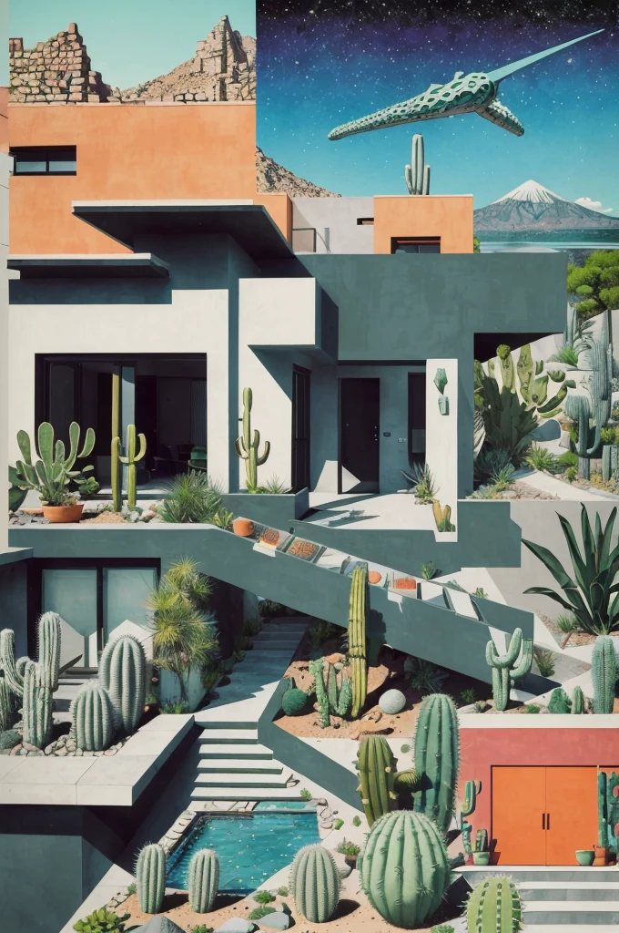 An illustration, collage style, David Hockney visual style, (((Luis Barragán's architectural style houses in middle of a lake))), big boulders, little cascade, mountains, volcanos, volcanic landscape, pool, stairs, beautiful gardens, abundant vegetation, cacti, agave, big clouds, sunset. Magazine cover, serif tipography, editorial design, masterpiece, An illustration in collage style, con rocas gigantes, Brutalist construction sections, escaleras, cactus, agave, textura de concreto, Multiple geometric shapes, hatch and cross hatching, planeta Saturno. ((masterpiece, best quality)),illustration,ultra detailed 8k. (((An illustration of a build designed by Luis Barragán))), with a desertic vegetation garden, (big rocks), ((cacti)), lake, volcano in horizon, smooth clouds, (((illustration collage format))), ((Escher's art style)), (((multiple sections))), (violet, blue, olive green, grey, black and white), hard shadows, (((geometric sculptures))), concrete sculptures, high contrast, dramatic, cinematographic, ((milky way galaxy)), intricate, intricate details, sharp focus,landscape