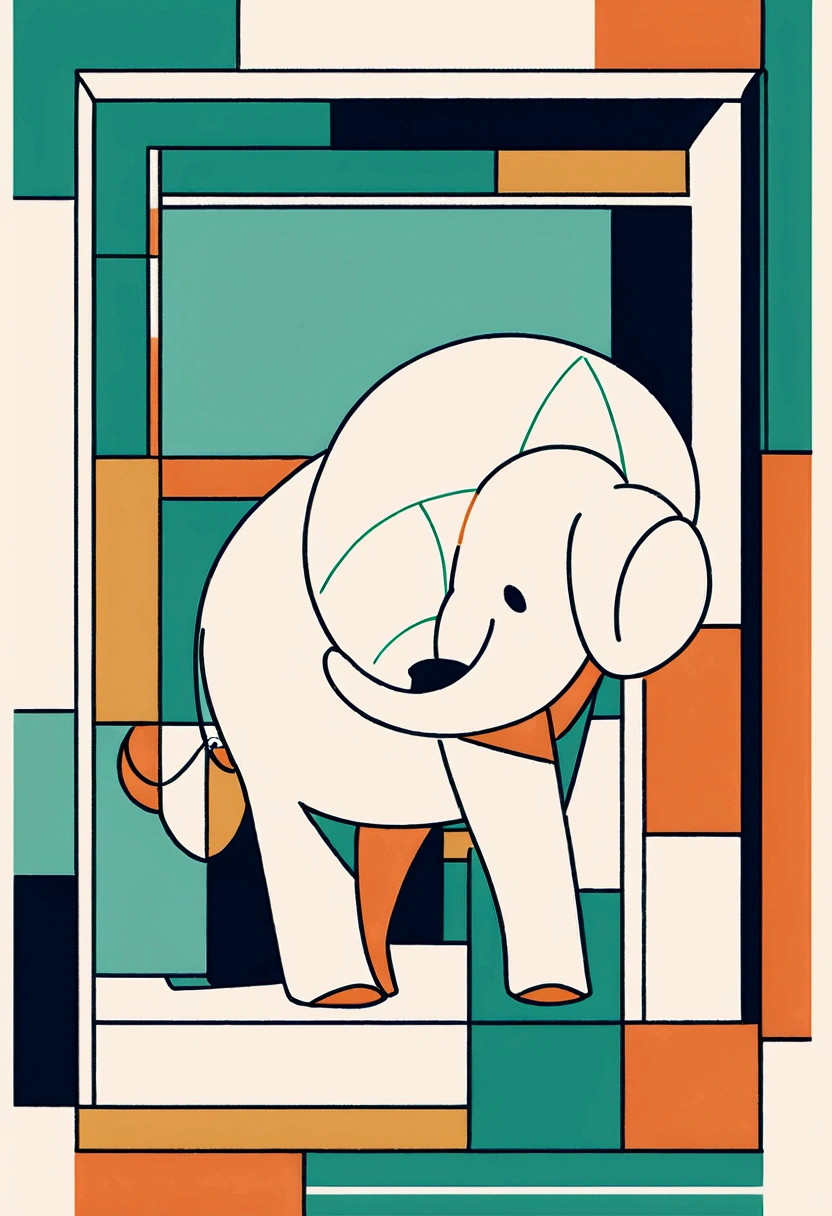 Beautifully designed canvas tote bag with British squares, flourishing flowers, printing a cute little elephant, geometric lines, minimalist, modern, high end, cute, color blocking, floral motifs, orange and green, illustration, cartoon, geometric style, beautifully detailed, flat color vector design style,...