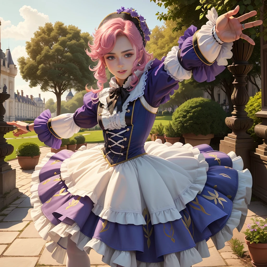 (bellewaifu:1), (armure de chevalier:0.3), the jardin in the background, surpris, mignon, mignon pose, (flirt), regarder le spectateur, (Coiffure carrée), (cheveux violets), (armure de chevalier with exposed areas of the body:1.5), :d, (réaliste: 1), (dessin animé), (chef-d'œuvre: 1.2), (meilleure qualité), (trop détaillé), (8k, 4K, complexe), (plan en pied: 1), Particules légères, éclairage, (Très détaillé: 1.2), (visage détaillé: 1), (dégradés), SFW, coloré, (Yeux détaillés: 1.2), (paysage détaillé, des arbres, jardin, château:1.2),(contexte détaillé), paysage détaillé, (angle dynamique:1.2), (pose dynamique:1.2), (Règle troisième_Composition:1.3), (Ligne d'action:1.2), Grand angle de vue, lumière du jour, seulement
