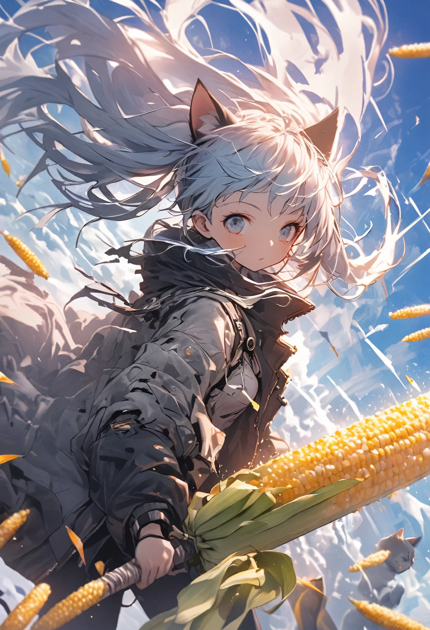 Detailed silhouette of a cyberpunk girl with cat ears and a tail, Flowing, Tattered coat, He has a giant great sword with a mechanical cat design on it., Stand on the glossy, Minimalist Reflective Surface, Soft Blue Background, Corn, Depth, Dynamic Angle