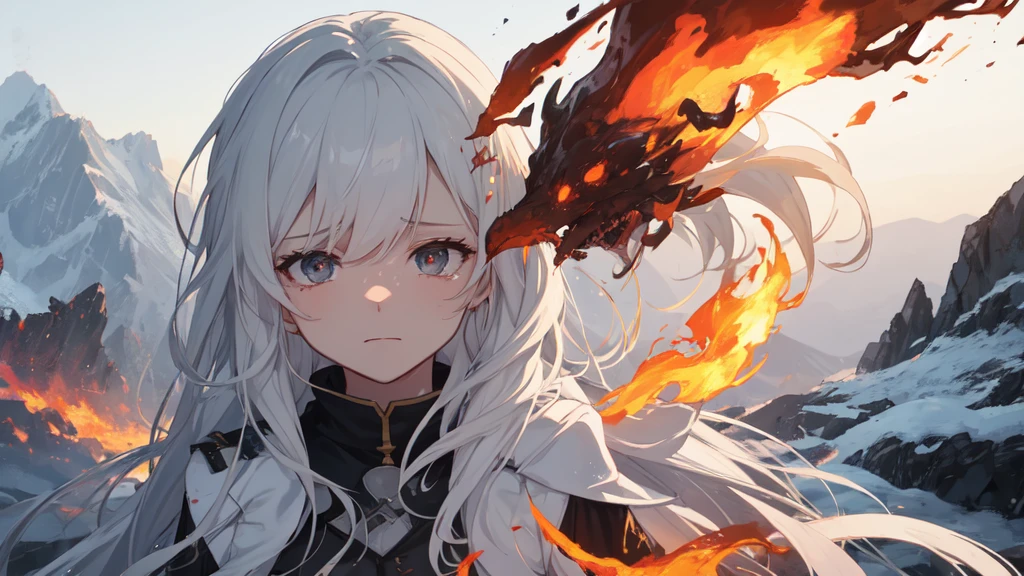 masterpiece:1.2), best quality , 独奏 ,pixiv, anime girl ，long straight white hair , black eyes ,Wearing off-white camouflage uniform ,ten years old，modern battlefield，(Eyes looking into the distance:1.3)，(look away:1.5)，snowy weather，dirty face，The background is a sea of fire with blood on the forehead，dirty face，Backlight，Bare rocky peaks ,Fierce flames are burning，The expression is sad，leave tears，When the war situation seems to be developing for the better,，A girl wakes up from her deep sleep，She doesn&#39;t understand her own life、Not sure about the power in the body，As pure as white paper。At the same time, another soul is sleeping inside the girl&#39;s body.，it was an accident，It is also one of the waves that changes the world。