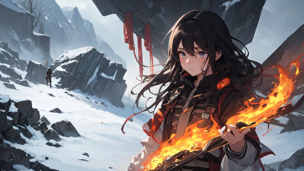 masterpiece:1.2), best quality , 独奏 ,pixiv, anime girl ,long straight white hair , black eyes ,Wearing off-white camouflage uniform ,ten years old,modern battlefield,(Eyes looking into the distance:1.3),(look away:1.5),snowy weather,dirty face,The background is a sea of fire with blood on the forehead,dirty face,Backlight,Bare rocky peaks ,Fierce flames are burning,The expression is sad,leave tears,When the war situation seems to be developing for the better,,A girl wakes up from her deep sleep,She doesn't understand her own life、Not sure about the power in the body,As pure as white paper。At the same time, another soul is sleeping inside the girl's body.,it was an accident,It is also one of the waves that changes the world。