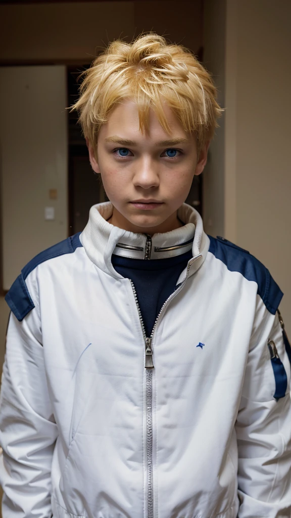 Create a 14 year old boy, blonde hair, Blue eyes, white akta collar jacket blue shoulders and the rest orange , like naruto 