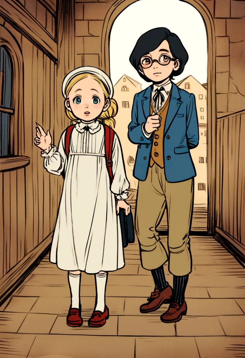 In a whimsical attic by Wes Anderson, two smart and lively English girls, 11 and 10 years old, one of them has blonde hair, the other has black hair and glasses. , are ready to go to school, I&#39;m in a bad mood, classic drawing style, characters reminiscent of the 19th century