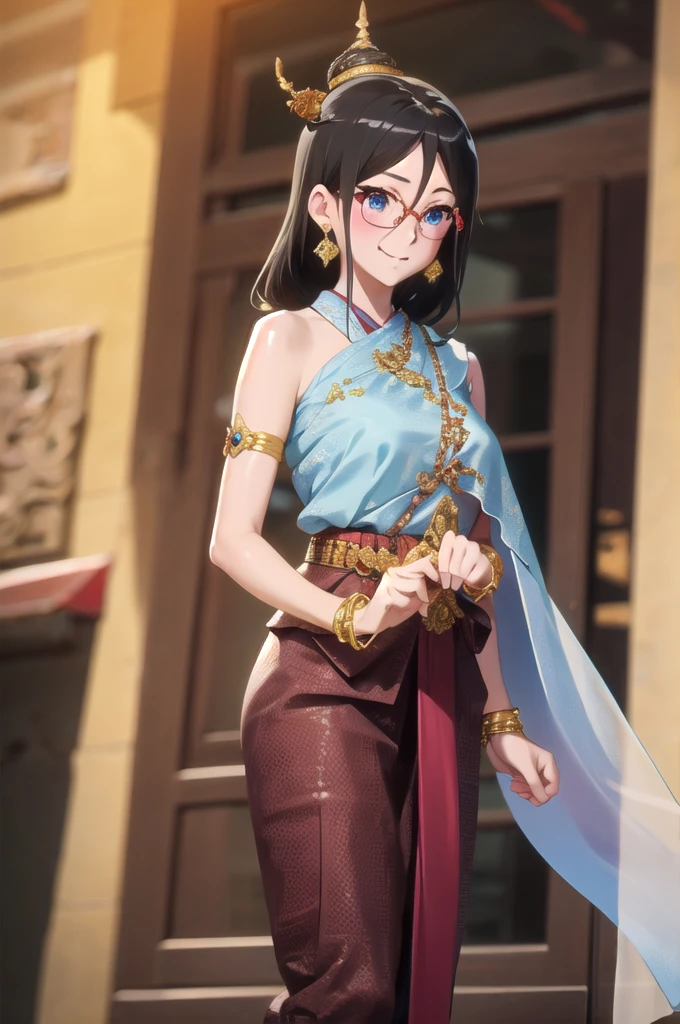 คุณภาพดีatสุด, Masterpiece, high res, alone, {Thanaka_Asuka_euphonium sound:1.15} black_hair, long_hair, glasses, light blue_eyes, Blush, red frame_glasses, Seraph, beyond the edge_glasses, semi borderless_glasses, hair_between_eyes, 1 girl, look_at_viewer, smile, ((Thai princess:1.3)),(Gorgeous thai costumes with รายละเอียดatซับซ้อน,ชุดatงดงาม,เครื่องประดับทองคำatงดงาม, รายละเอียดatซับซ้อน,luxury jewelry accessories,ขอบatงดงาม, รายละเอียดatซับซ้อน,Various gems:1.2),((Thai Buddhist Temple))