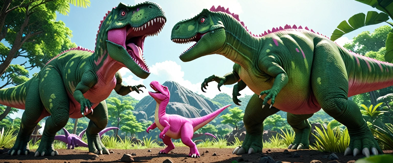 score_9, score_8_up, score_7_up, source_anime, detailed, 8k, cinematic angle, rating safe, wide shot, A pink dinosaur and a green dinosaur are fighting wild,