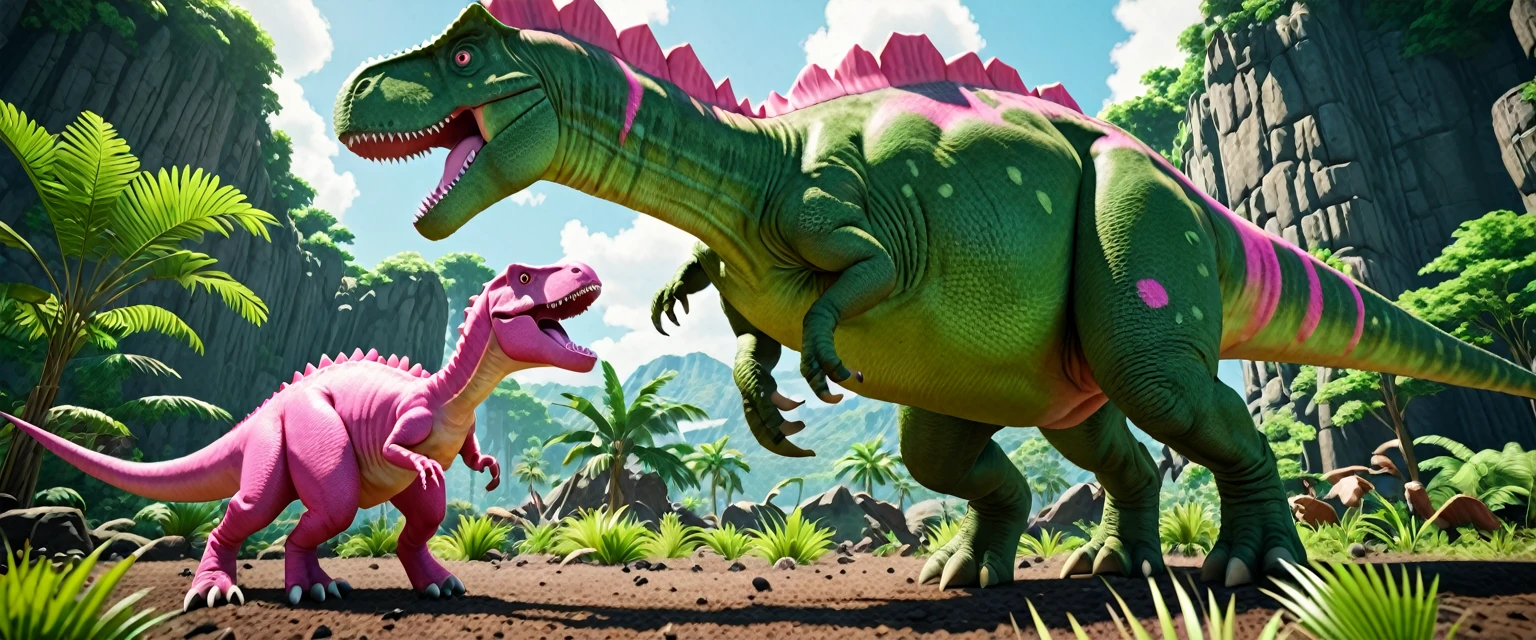 score_9, score_8_up, score_7_up, source_anime, detailed, 8k, cinematic angle, rating safe, wide shot, A pink dinosaur and a green dinosaur are fighting wild,