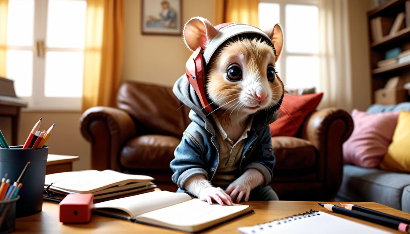 (photo film style), anthropomorphic, cute baby hamster, casual clothes, living room at home, (((studying))), 2D, colorful, warm atmosphere, glossy, Jean-Baptiste Monge style, Alan Lee style