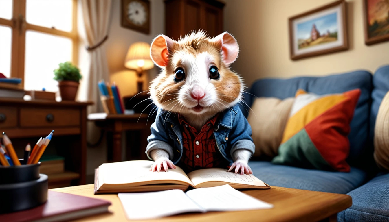 (photo film style), anthropomorphic, cute baby hamster, casual clothes, living room at home, (((studying))), 2D, colorful, warm atmosphere, glossy, Jean-Baptiste Monge style, Alan Lee style