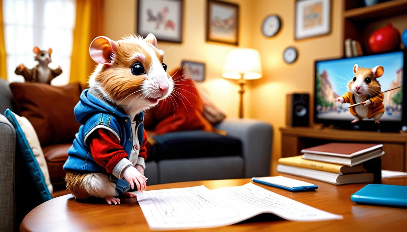 (photo film style), anthropomorphic, cute hamster, casual clothes, living room at home, (((studying))), 2D, colorful, warm atmosphere, glossy, Jean-Baptiste Monge style, Alan Lee style