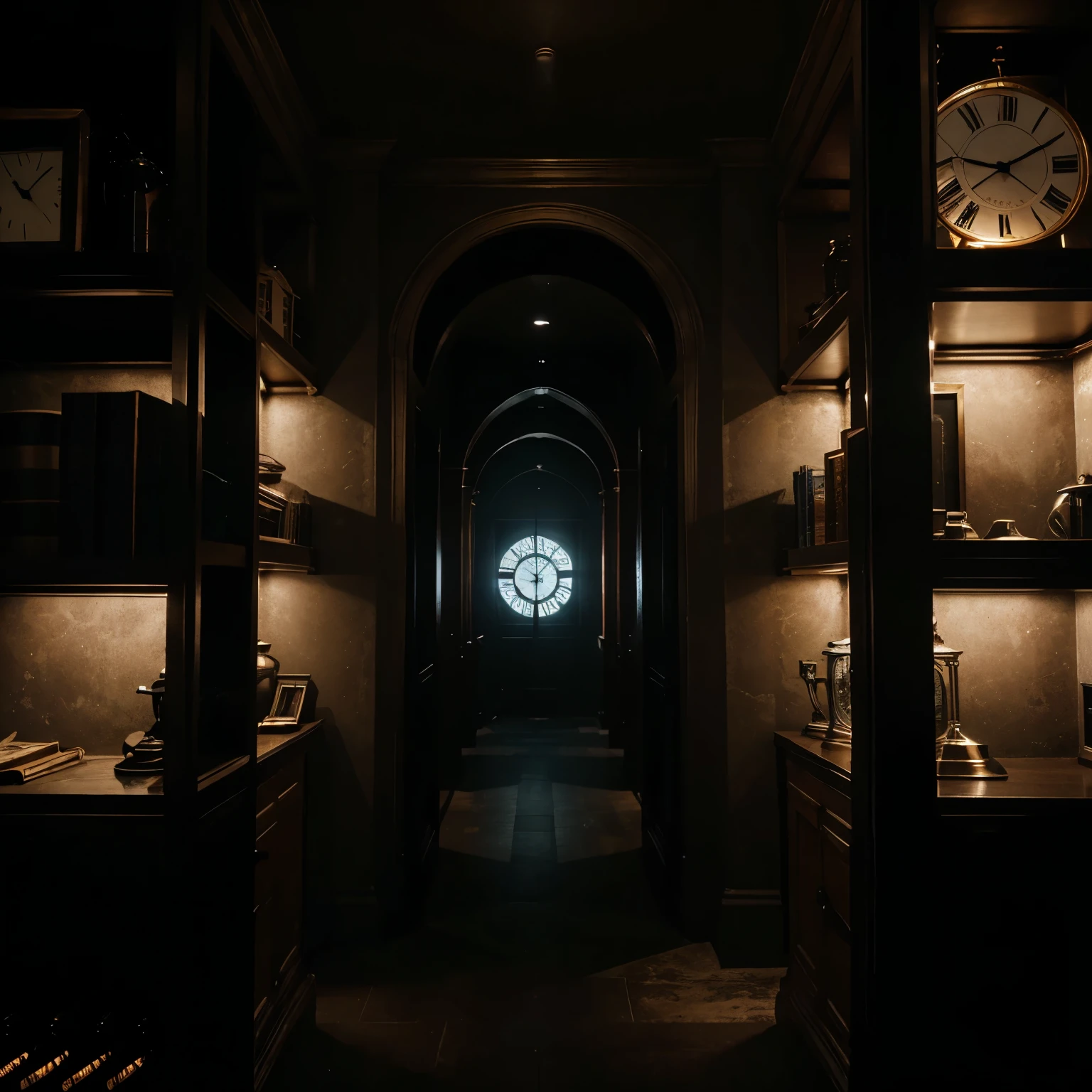 Create an ultra-realistic image with professional photography quality of a dark room with low lighting. A faint light should come from above. ***In the background, there are iron shelves with various types of clocks, and some clocks are flying****. Emphasize the center of the photo, which should be empty. The image should not contain any people (very important). The atmosphere should be dark and eerie, with the highest possible quality and detail, highlighting the clocks present in the scene