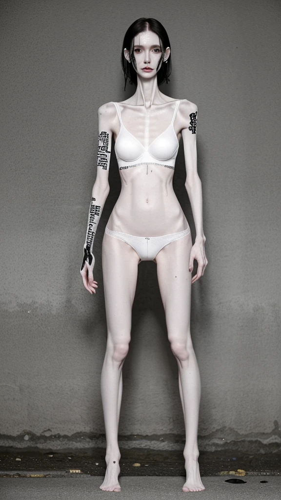 a woman, very thin body, body visible bones, very slender, pale white skin, sweaty wet body, panties, bra,tatto, full body, has a mental breakdown in an underground prison.