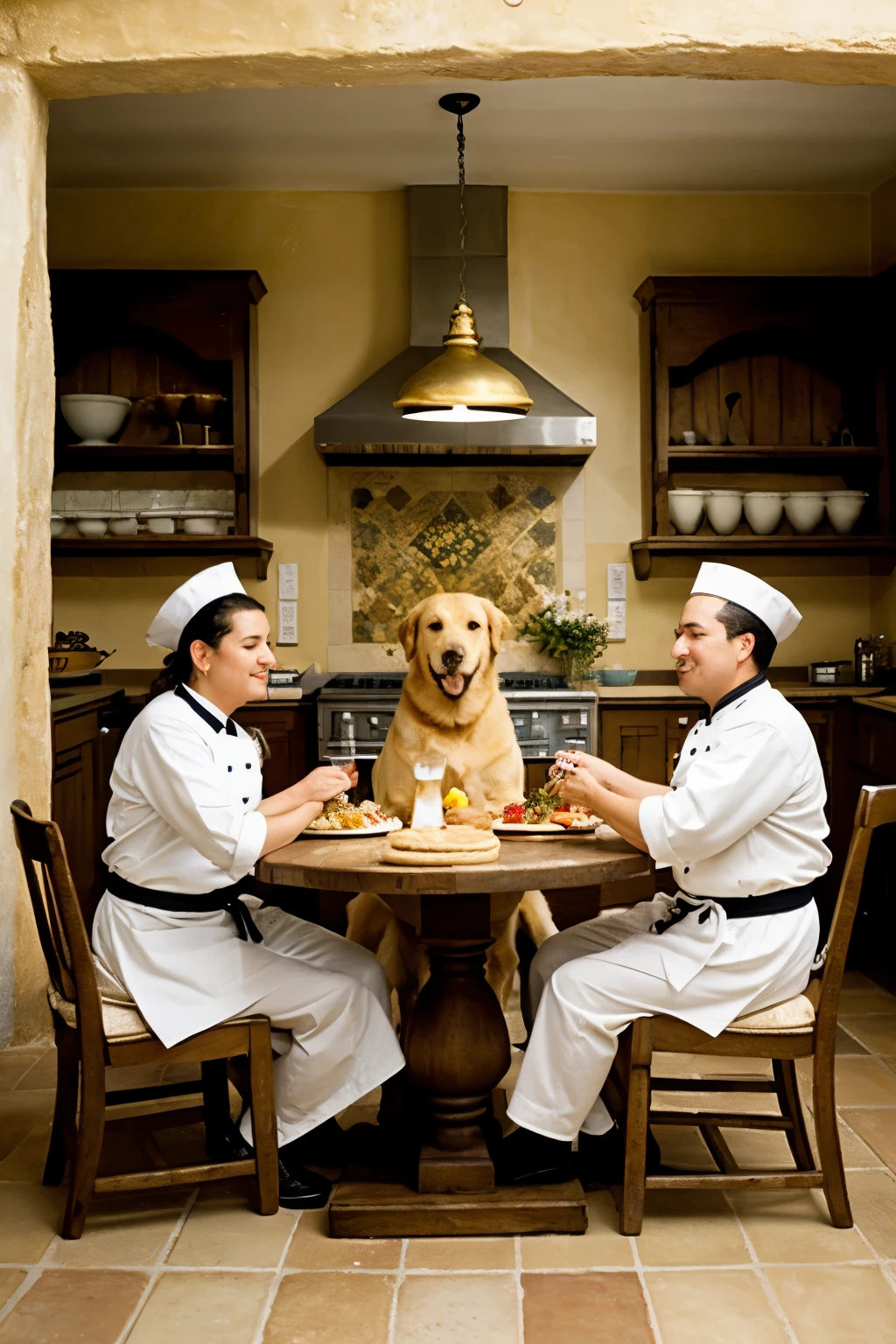 ((mejor calidad)), ((Obra maestra)), (detallado), three golden dogs sitting in chairs around a table cooking biscuits and steaks in the foreground, one of them wearing a chef's hat, in a French kitchen context.

