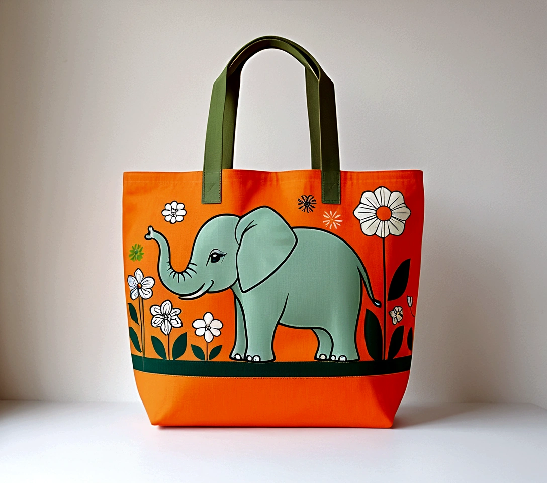 Beautifully designed canvas tote bag with British squares, flourishing flowers, printing a cute little elephant, geometric lines, minimalist, modern, high end, cute, color blocking, floral motifs, orange and green, illustration, cartoon, geometric style, beautifully detailed, flat color vector design style,...