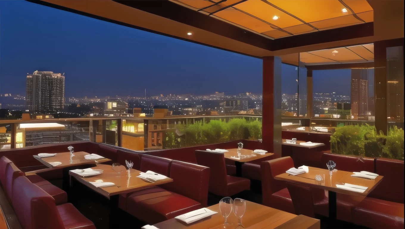 Big full view of
Rooftop bar and restaurant with 5 dining tables and big glass roof at night roof full coverd wit glass freant view only sky on background floor with grass mate