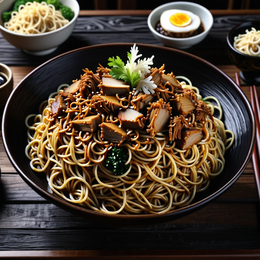 closeup photograph of mie ayam on a beautiful wood table, intricate details, hyperdetailed photograph, dark contrast, award winning composition, dark shadows, 8k resolution, food photography