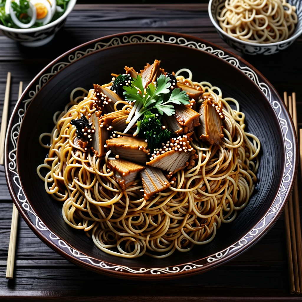 closeup photograph of mie ayam on a beautiful wood table, intricate details, hyperdetailed photograph, dark contrast, award winning composition, dark shadows, 8k resolution, food photography