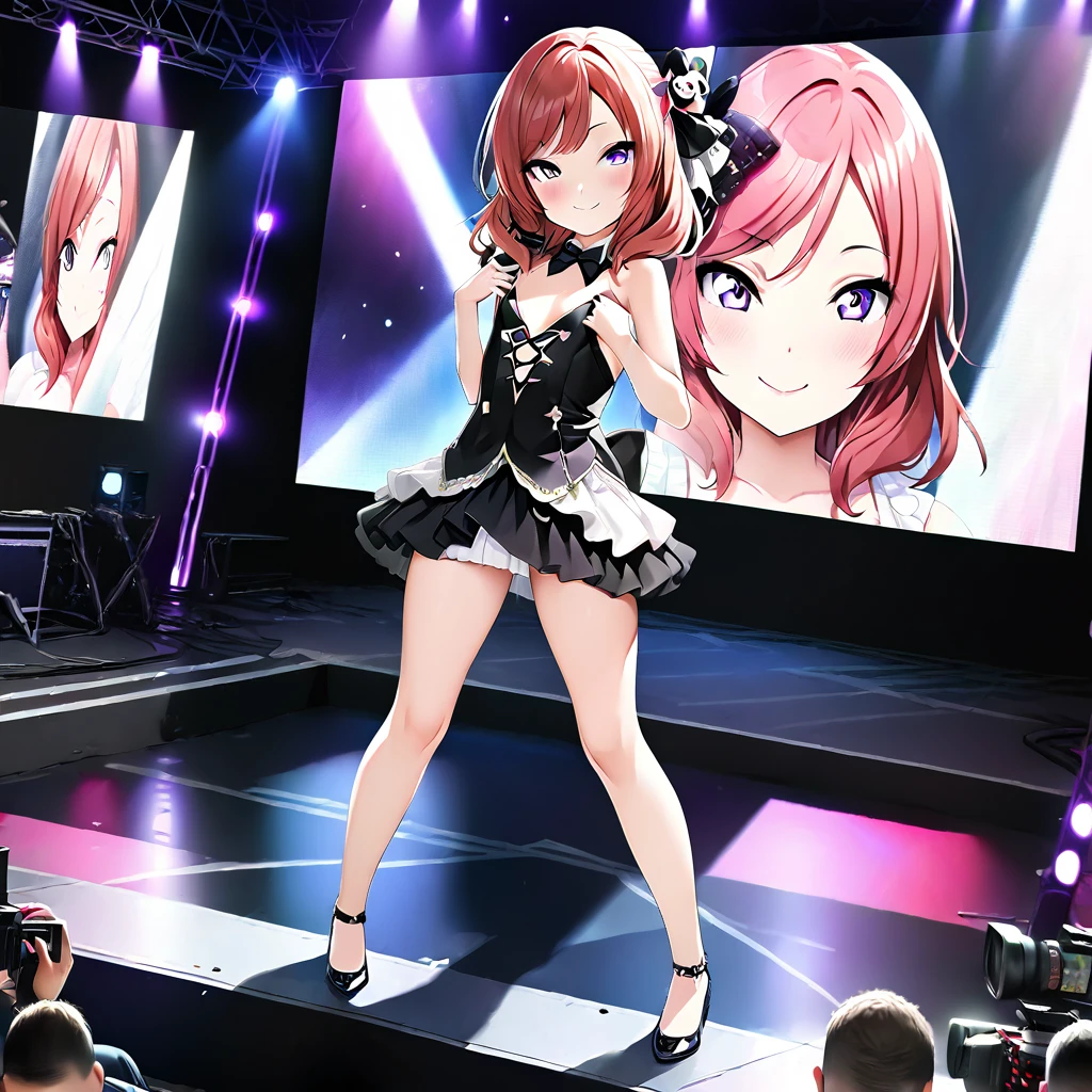 (masutepiece: 1.1), (Best Quality, Hyper-Resolution: 1.0), (8K resolution: 1.2), (Photorealistic, Ultra Detail, Clear Focus 1:0), (Original photo, Lighting: 1:1), Detailed reflective eye-breaking with professional digital painting, Beautiful pretty cute little face, (1girl in:1.3),nishikino maki,  purple eyes,Full body drawing, live stage, small Breasts, Formal dress, smile, solo ,id_maki_nishikino,charactor forcus