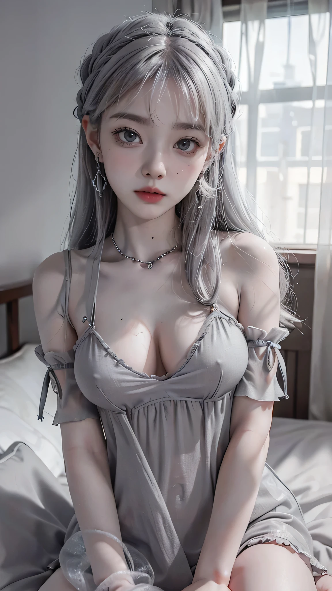 (Realistic painting style:0.9), masterpiece, best quality, absurdres, looking at viewer, solo, (grey babydol:1.5), bronya zaychik, red pupils, large , long hair, grey hair, bangs, grey eyes, earrings, drill hair, hair between eyes, hair ornament, (babydoll:1.3), see-through, bed, expressionless