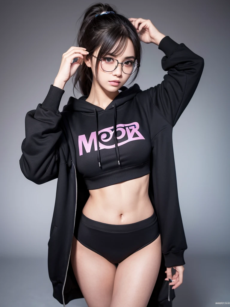 ((best quality)), ((masterpiece)), (detailed),(very cute), 1girl, short messy brown hair, glasses, brown eyes, small waist, big thighs, short black hoodie, no underwear, no blur