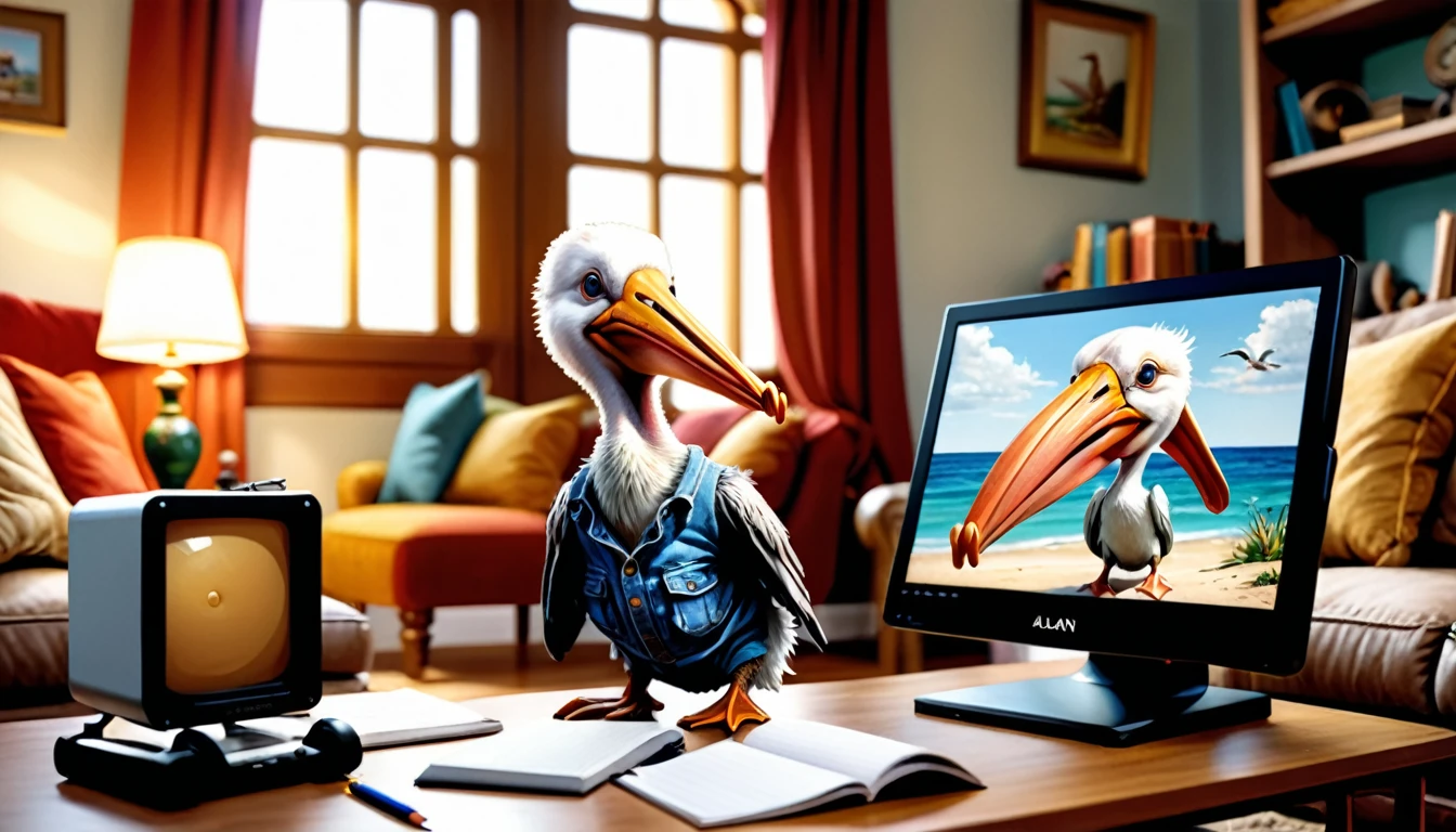 (photo film style), anthropomorphic, cute pelican, casual clothes, living room at home, (((studying))), 2D, colorful, warm atmosphere, glossy, Jean-Baptiste Monge style, Alan Lee style