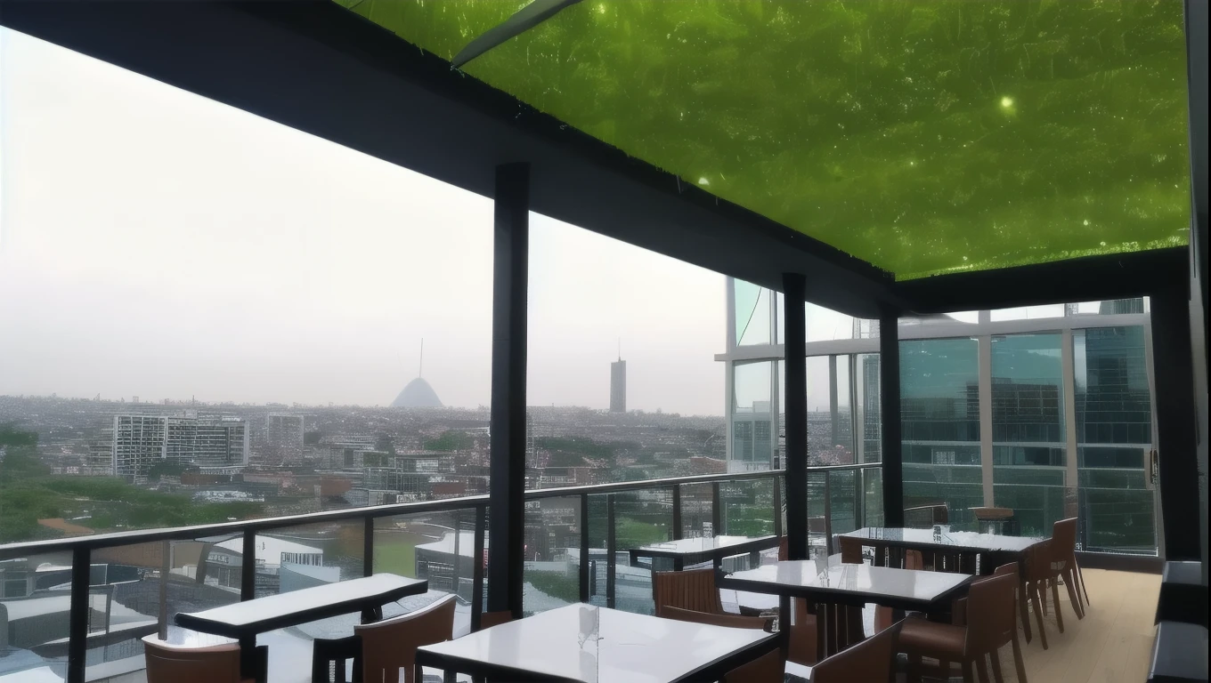 Big full view of
Rooftop bar and restaurant with 5 dining tables and big glass roof at night roof full coverd wit glass freant view only sky on background floor with grass mate