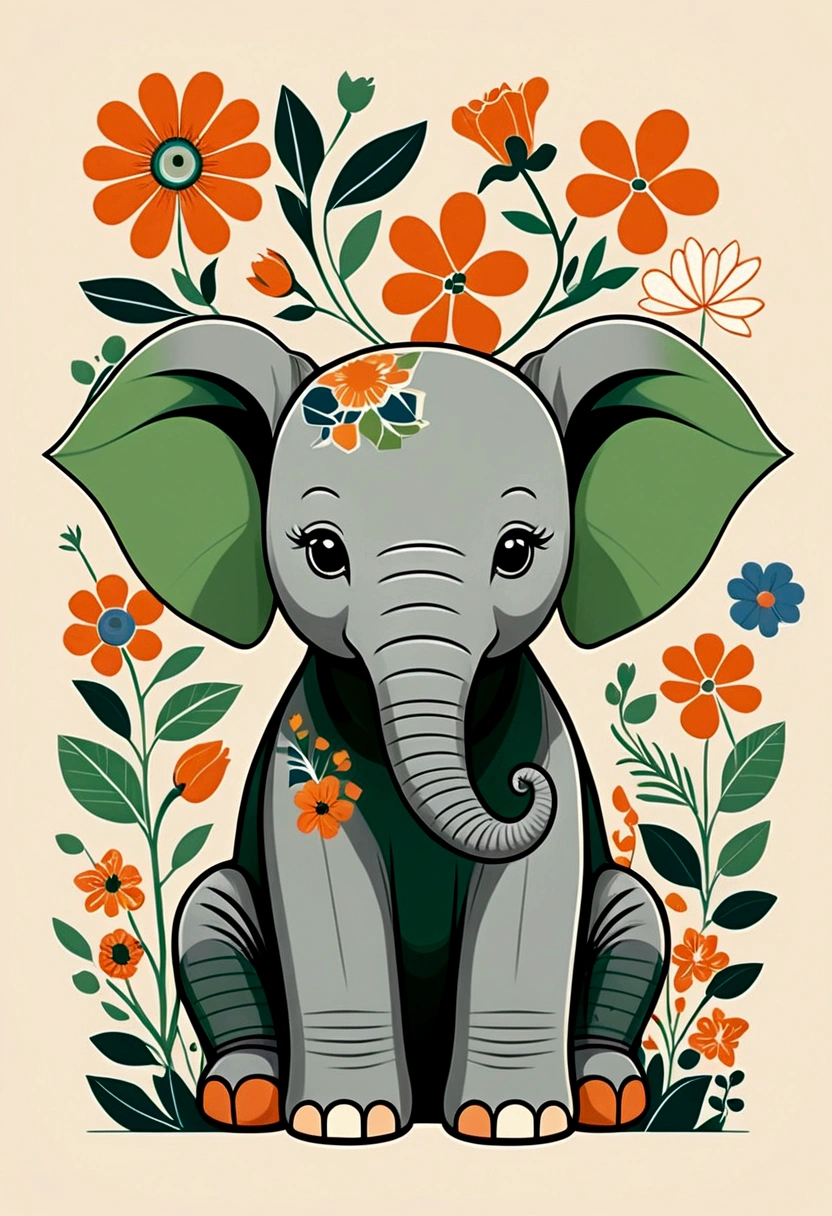 Beautifully designed canvas tote bag with British squares, flourishing flowers, printing a cute little elephant, geometric lines, minimalist, modern, high end, cute, color blocking, floral motifs, orange and green, illustration, cartoon, geometric style, beautifully detailed, flat color vector design style,...