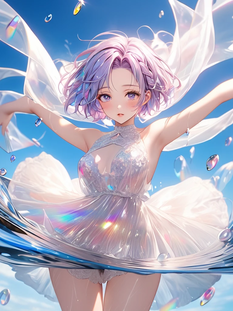 best quality, super fine, 16k, incredibly absurdres, extremely detailed, 2.5D, delicate and dynamic depiction, beautiful woman, amorous and lewd expression, white messy wavy fine braided short hair, forehead, make-up, superlative body proportion, ripples in water, transparent, translucent, prisms, iridescent sequins, dancing letters, portraits, prime lenses, lens filters, clear subject, background sky, heaven, heavenly, soft pastel color image effects
