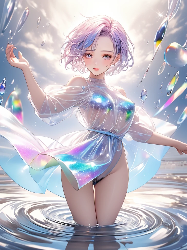 best quality, super fine, 16k, incredibly absurdres, extremely detailed, 2.5D, delicate and dynamic depiction, beautiful woman, amorous and lewd expression, white messy wavy fine braided short hair, forehead, make-up, superlative body proportion, ripples in water, transparent, translucent, prisms, iridescent sequins, dancing letters, portraits, prime lenses, lens filters, clear subject, background sky, heaven, heavenly, soft pastel color image effects
