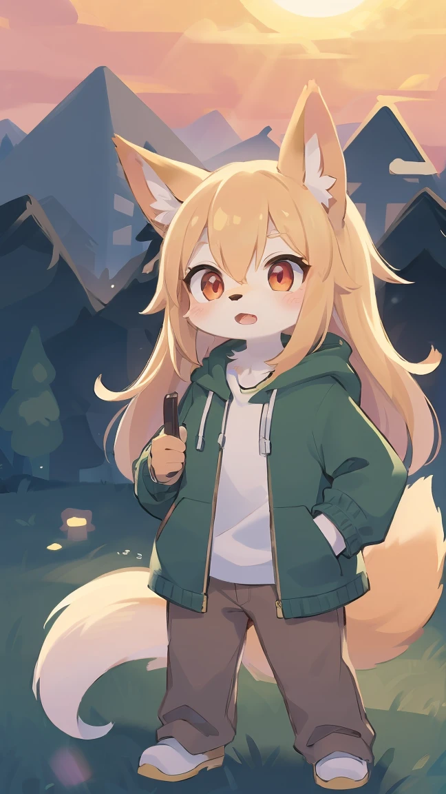 shota the fox, , was hairy, shaggy, skin fur, smooth lashes, golden fur, forelimb hands, straight long blonde hair, solid circle eyes, golden ears, golden fur, golden facial fur, shiny hair, red eyes, super cute face, 1fox tail, fluffy tail, furry tail, glowing eyes, green coat green hood down, brown trousers, standing, open mouth, ambient light, ultra-fine fur, dashed eyes, full body, masterpiece, high quality, high-details, best quality, wide short, (((solo))), twilight, sun light, red sky, rim light